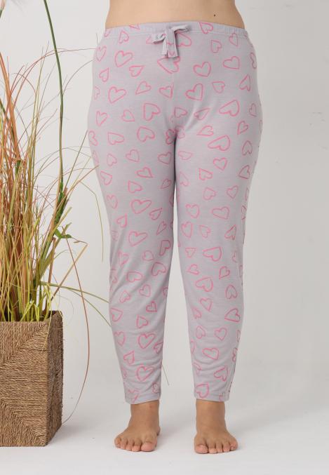 Pantaloni de Pijama Dama Lungi,Big Size,Culoare Gri cu Inimi Roz, Engros